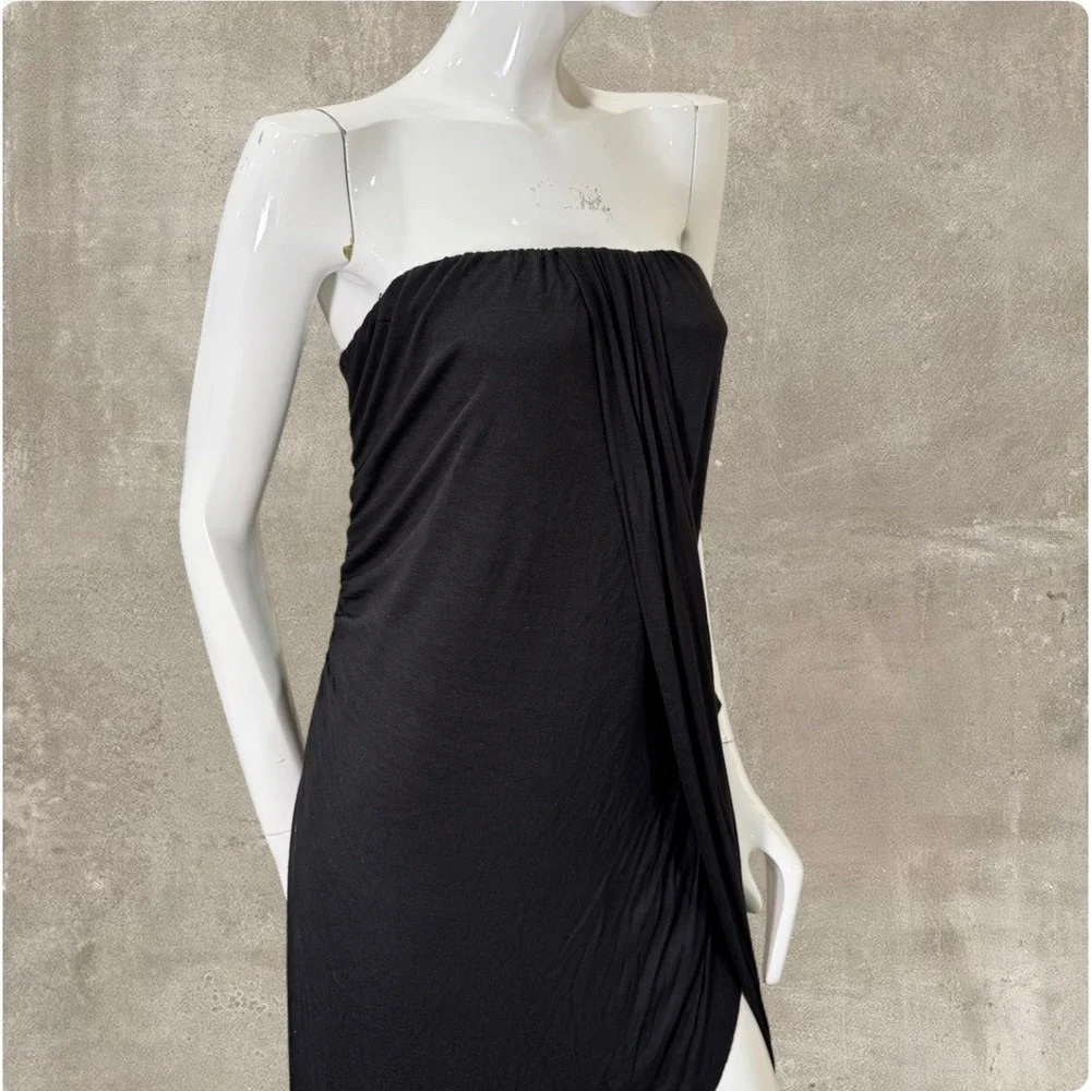Avant Garde Black Strapless Draped Maxi Dress Asymmetrical Slit‎ Made in USA XXL